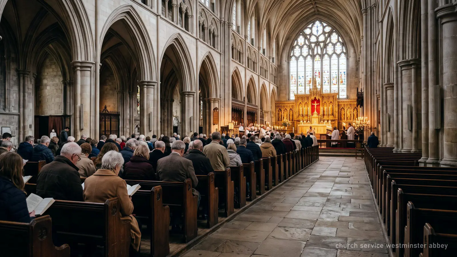 Illustration of worshippers seated in a Gothic church during a service