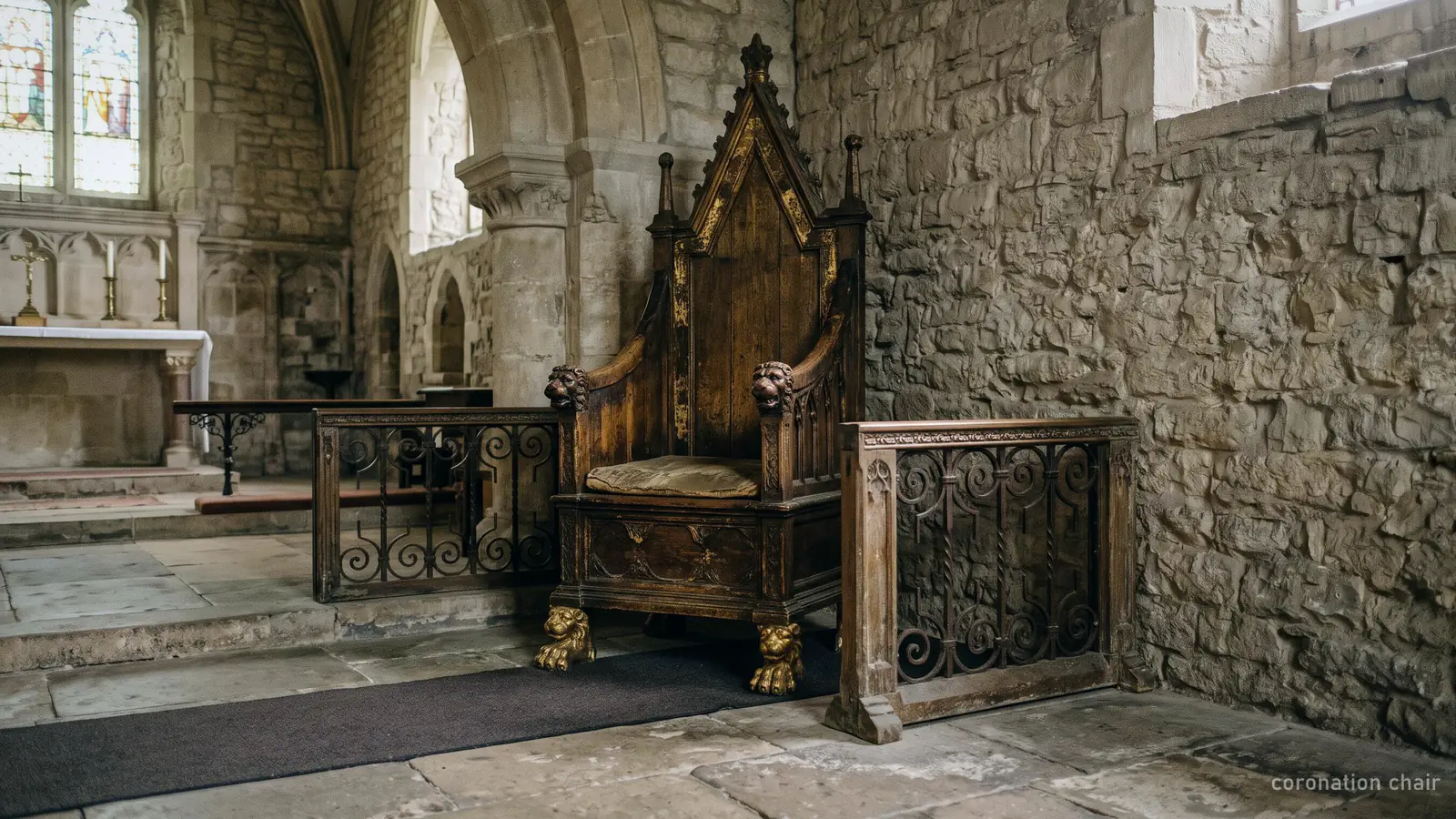 Illustration of an ancient oak coronation chair behind a protective screen