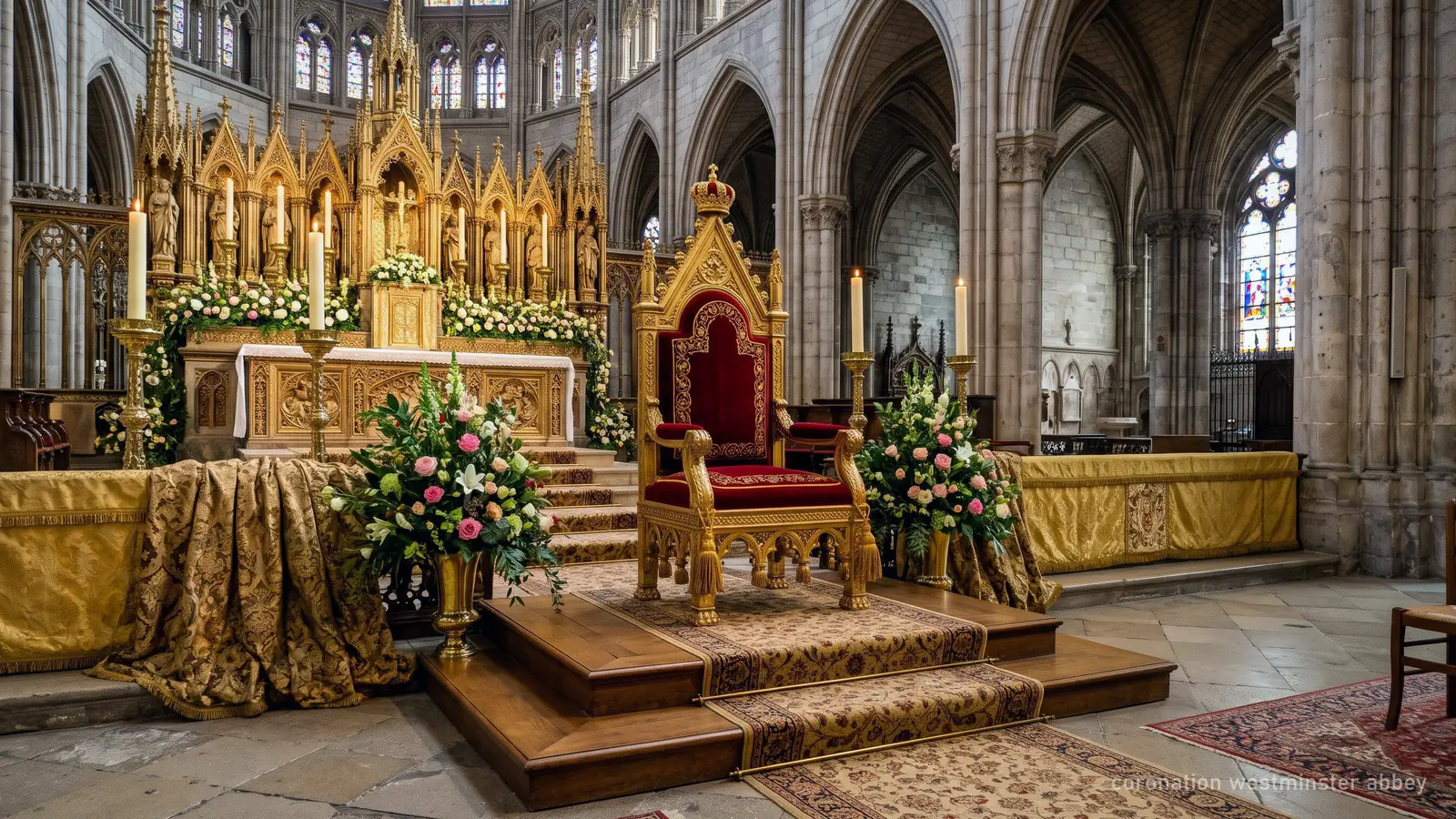 Illustration of a ceremonial chair on a dais before a high altar in a Gothic church