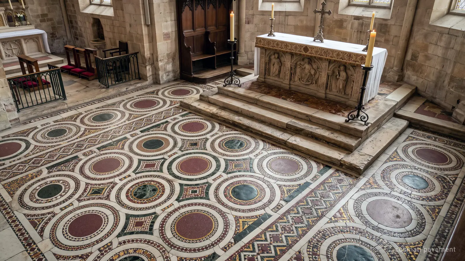 Illustration of a medieval Cosmati-style inlaid marble pavement of circles and squares