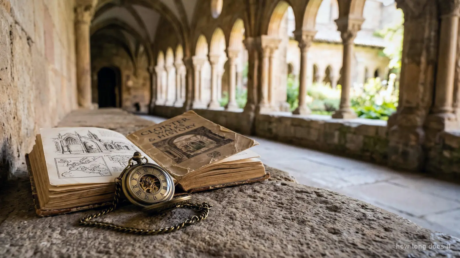 Illustration of a pocket watch on a guidebook in a medieval cloister