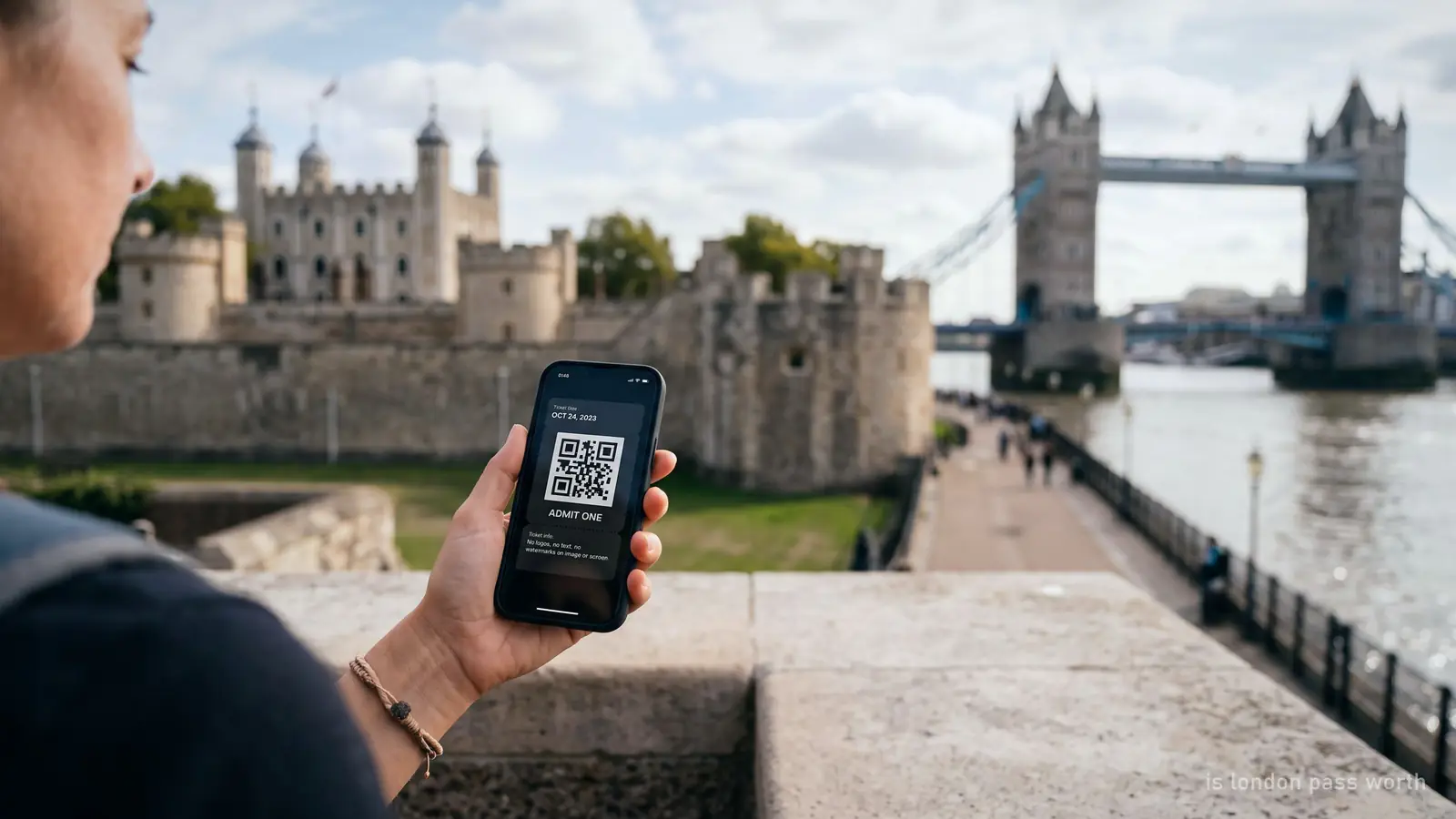 Illustration of a phone showing an attraction pass near Tower Bridge
