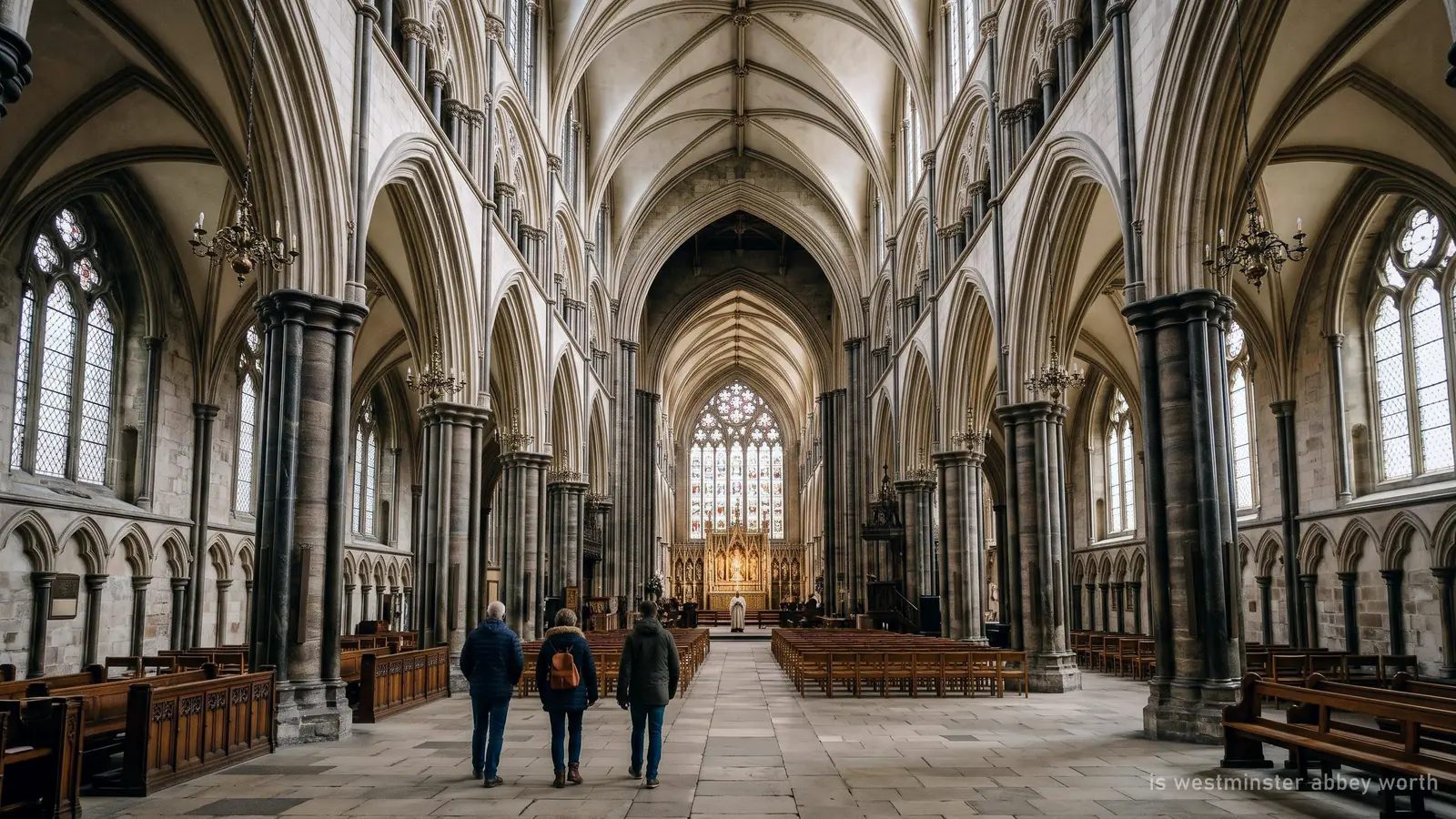 Illustration of visitors looking up in a soaring Gothic nave