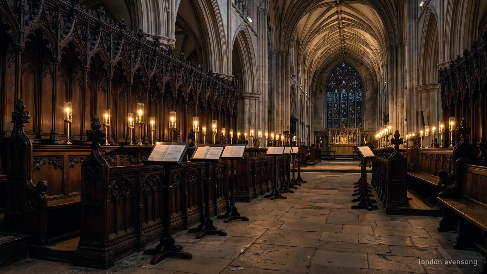 Illustration of candle-lit carved oak choir stalls in a Gothic quire at dusk