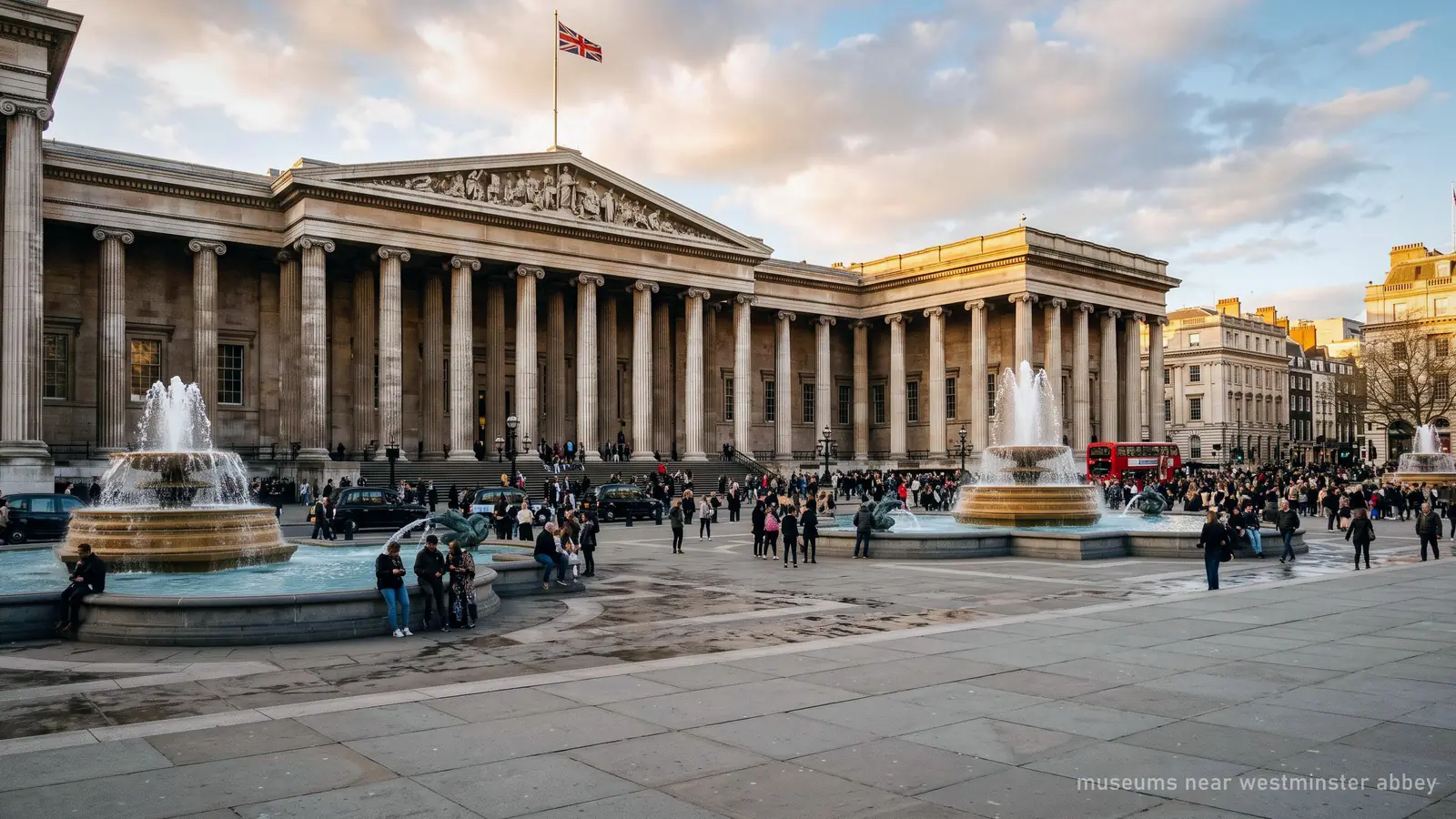 Illustration of a classical museum portico on a London square with fountains