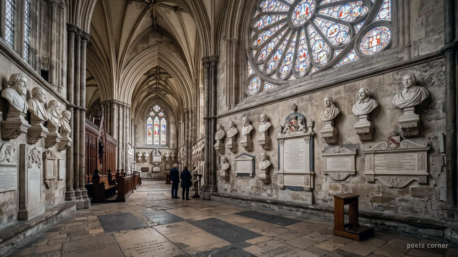 Illustration of a Gothic transept lined with marble memorials to writers, like Poets' Corner