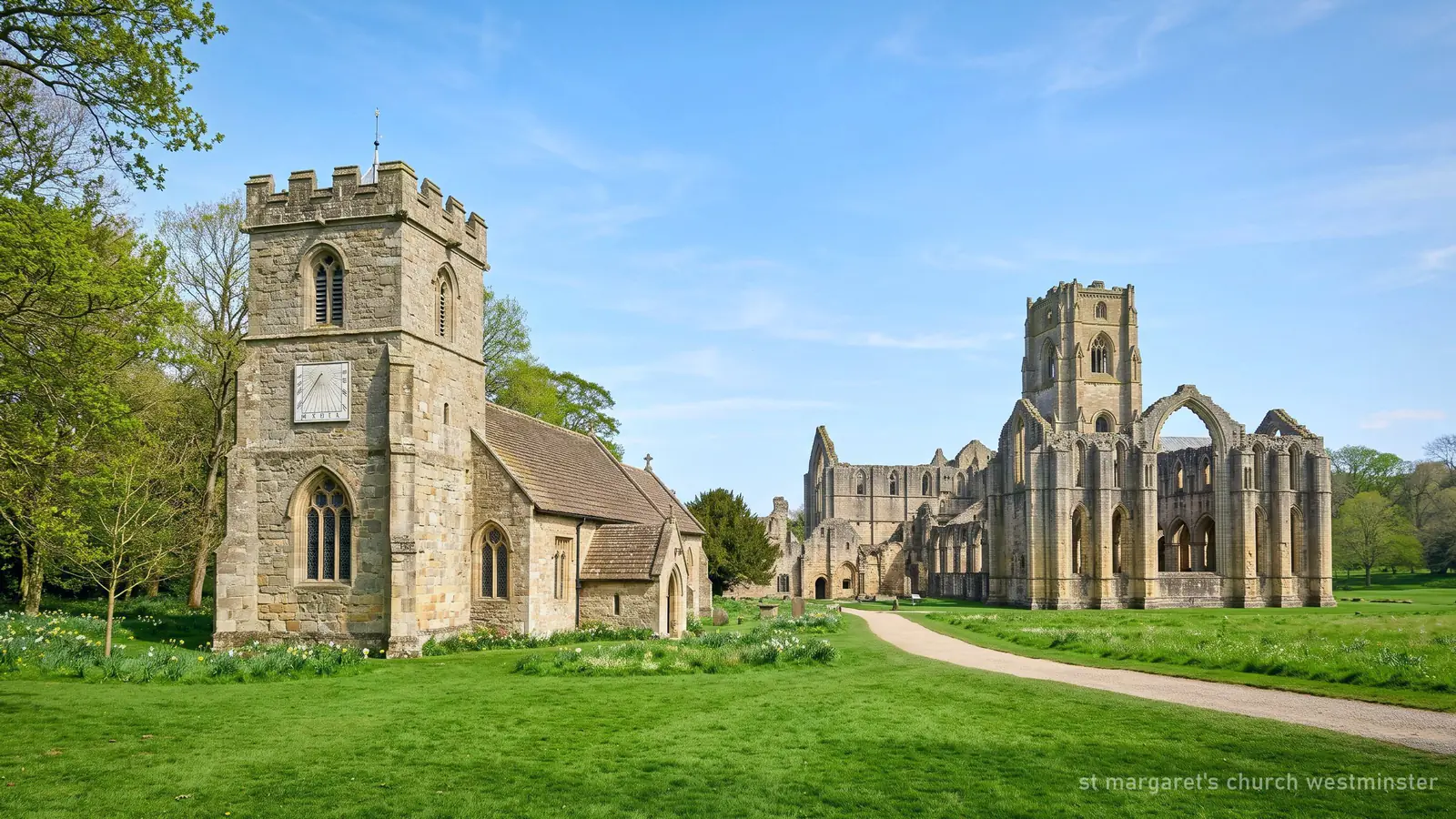 Illustration of a small Gothic parish church with a square tower on a lawn