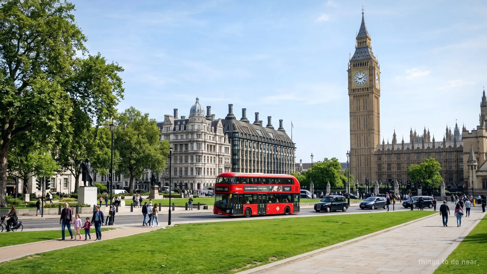 Illustration of Parliament Square in London with the Elizabeth Tower beyond the lawn