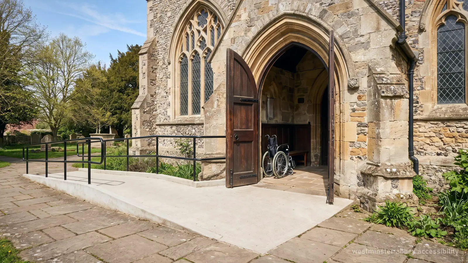 Illustration of a step-free entrance to a Gothic church with a wheelchair inside