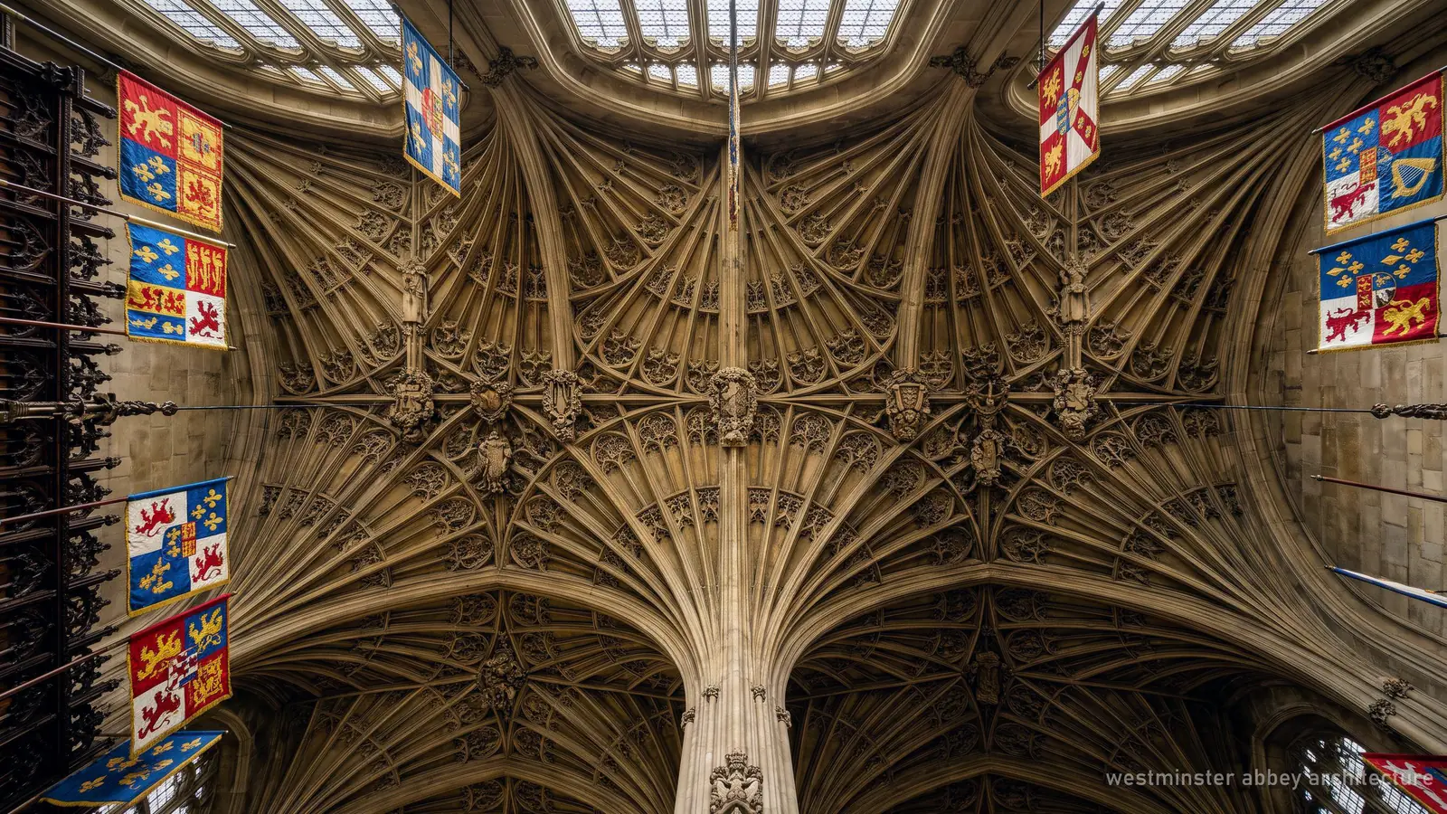 Illustration of an intricate fan-vaulted ceiling with hanging pendants in a late Gothic chapel
