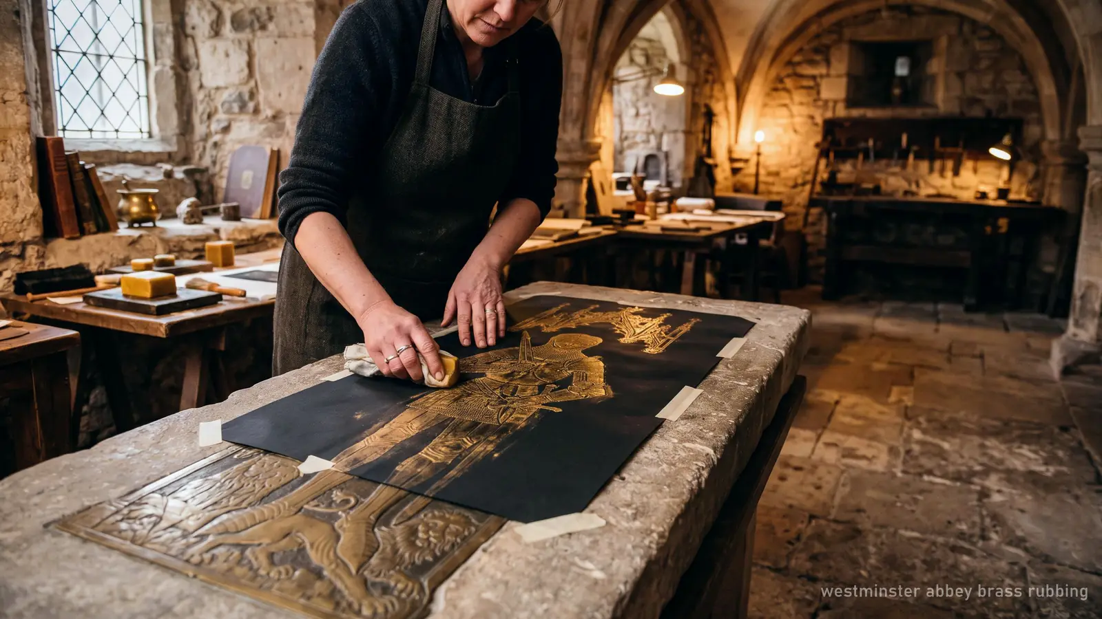 Illustration of a brass rubbing of a medieval knight in gold wax on black paper