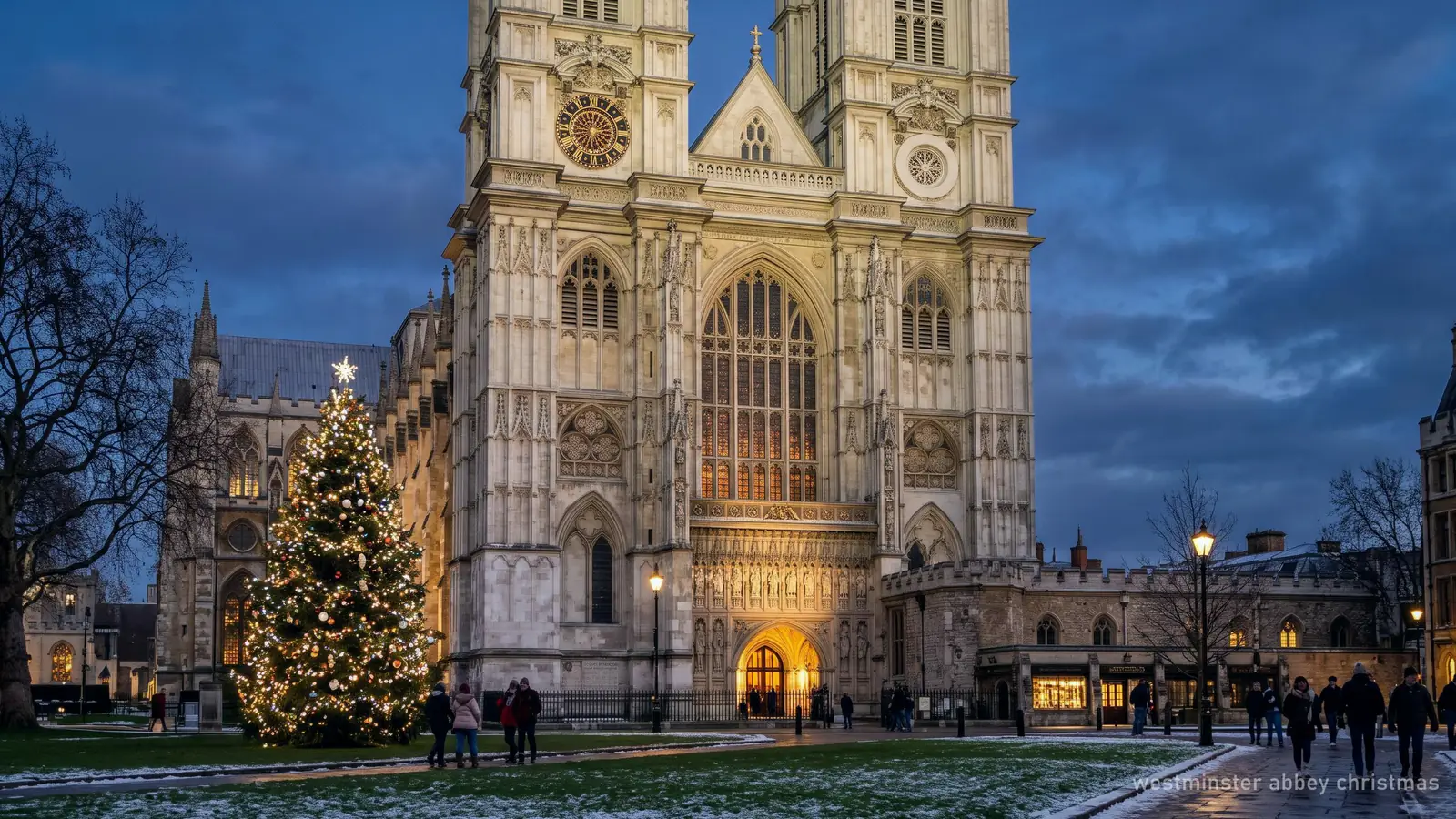 Illustration of Westminster Abbey with a Christmas tree on a winter evening
