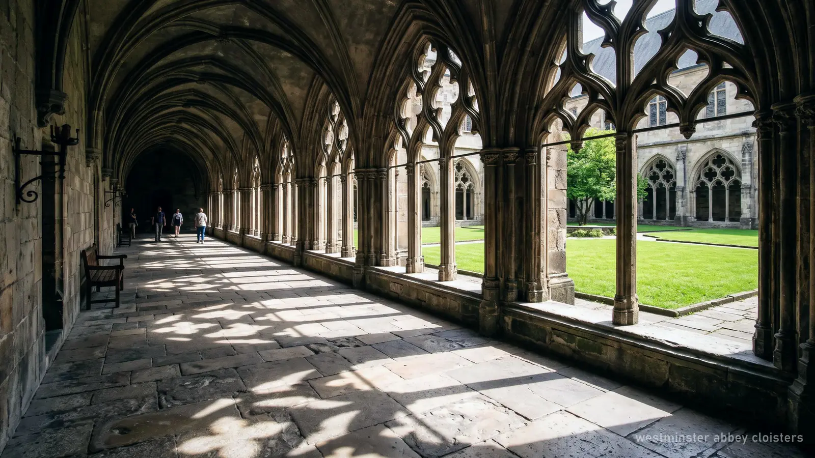 Illustration of a medieval cloister walk opening onto a square lawn