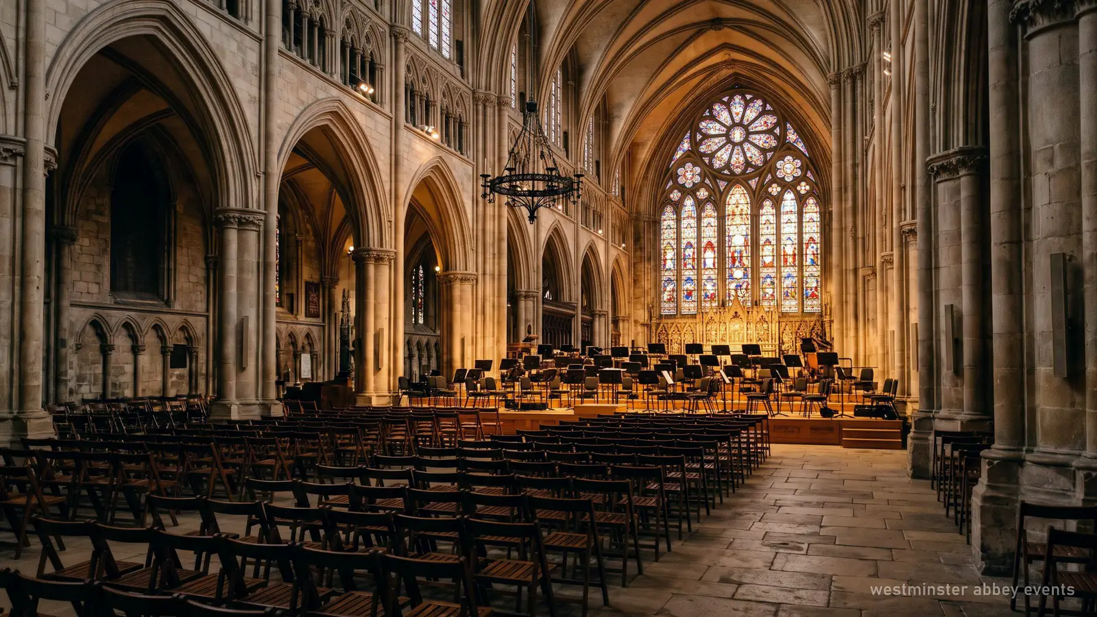 Illustration of a Gothic nave set out with chairs for a concert