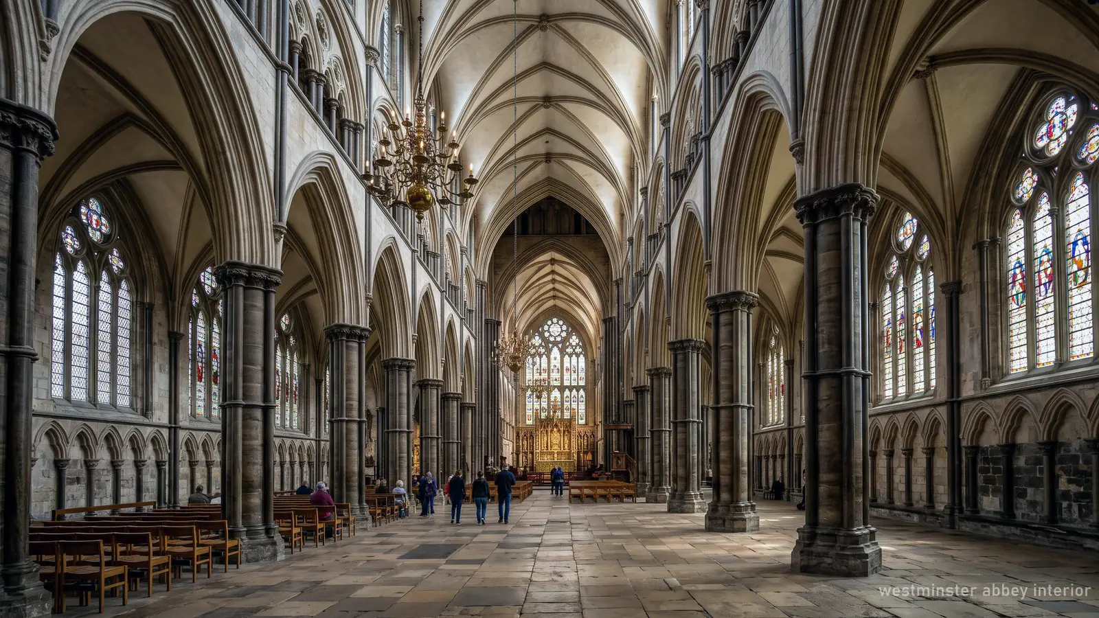 Illustration of a soaring Gothic nave with ribbed vault and stained glass, like Westminster Abbey's