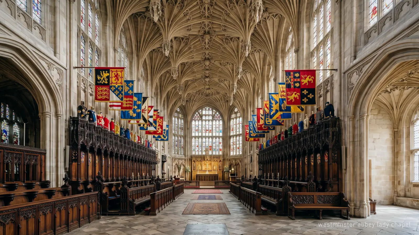 Illustration of a fan-vaulted chapel with heraldic banners over carved stalls, like the Lady Chapel