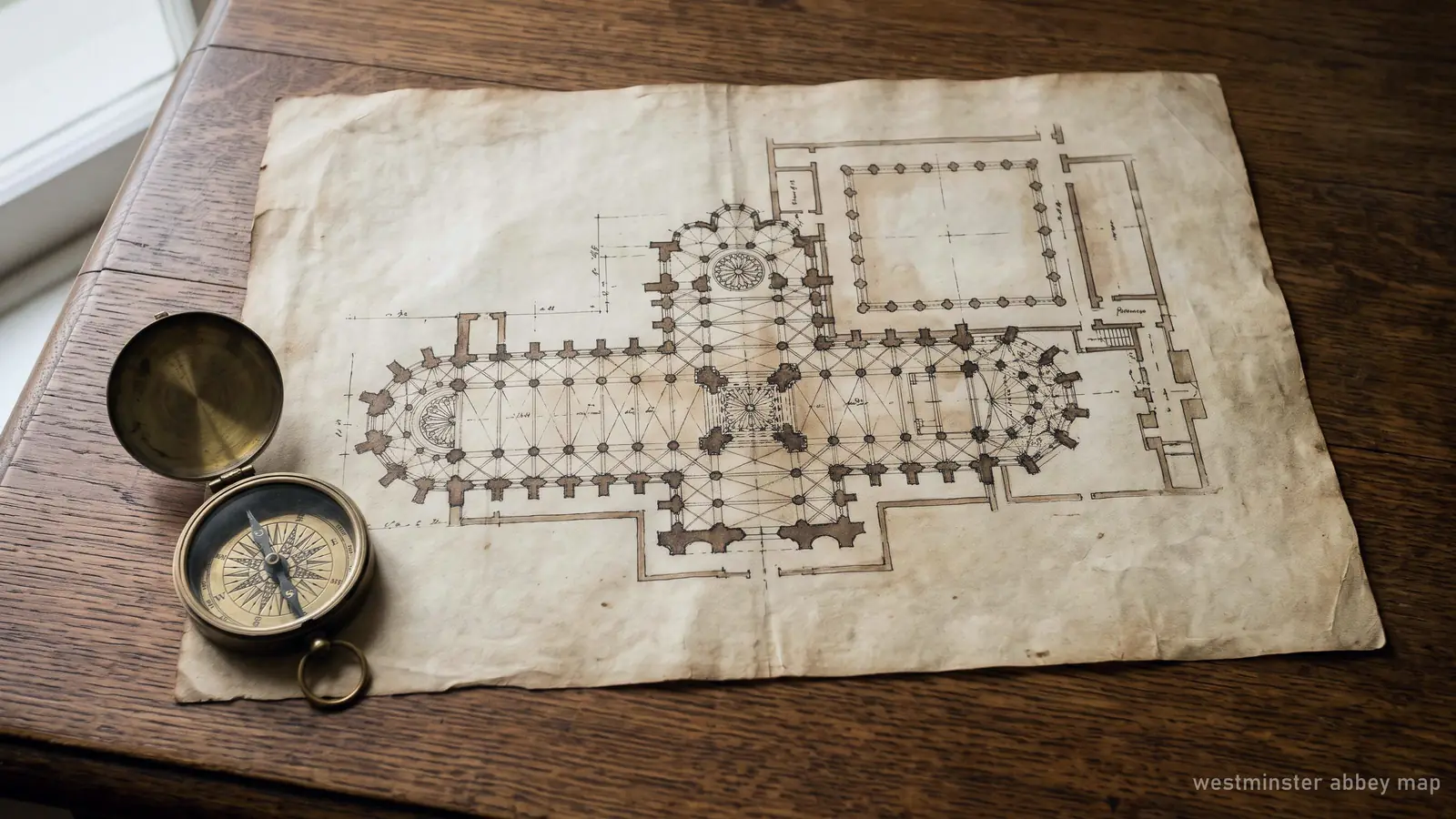 Illustration of a hand-drawn cross-shaped abbey floor plan on parchment