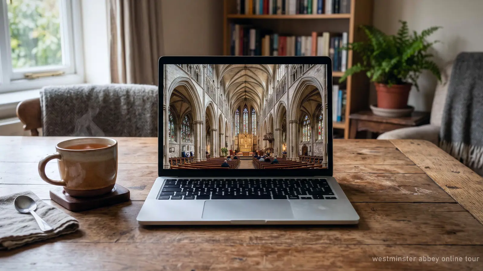 Illustration of a laptop showing a panoramic Gothic church interior at home