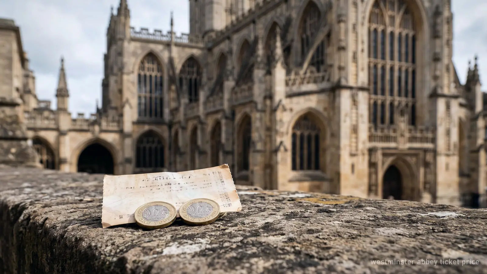 Illustration of pound coins and an admission ticket in front of a Gothic abbey