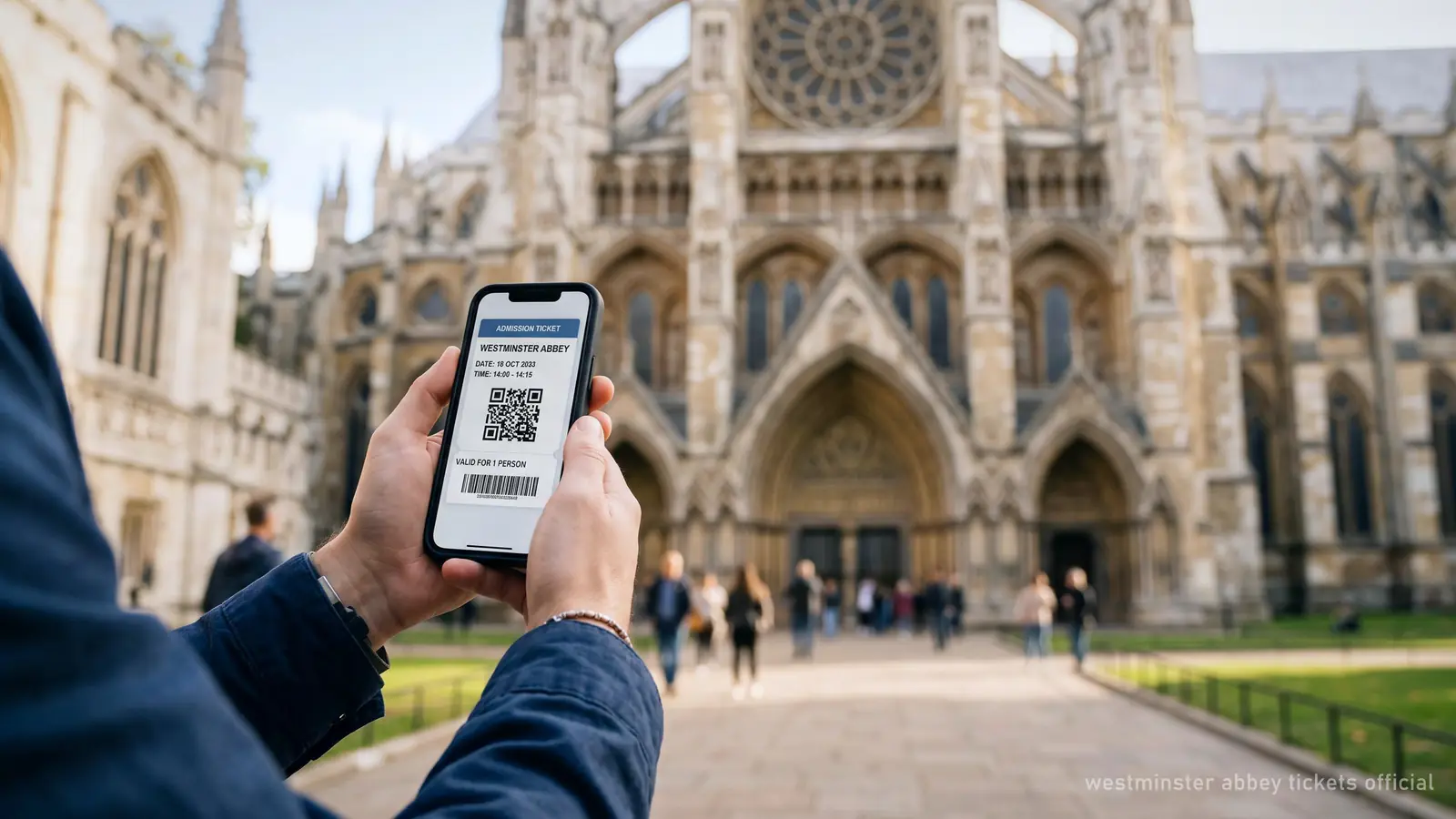 Illustration d'un téléphone affichant un billet horodaté devant une abbaye gothique