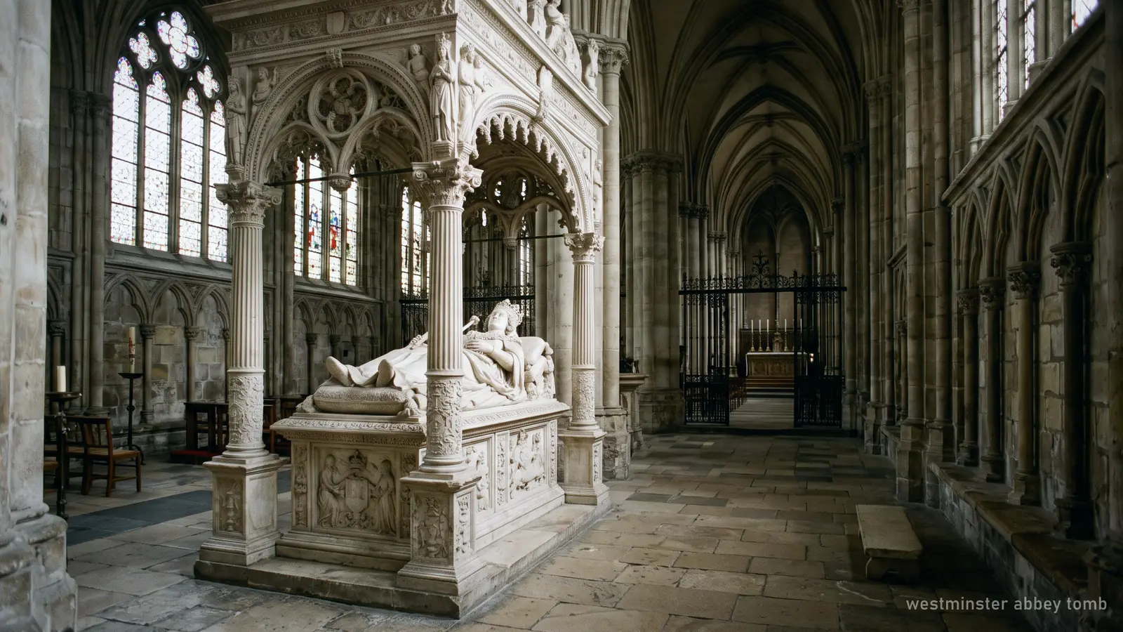 Illustration of a white marble royal tomb with a crowned effigy under a canopy