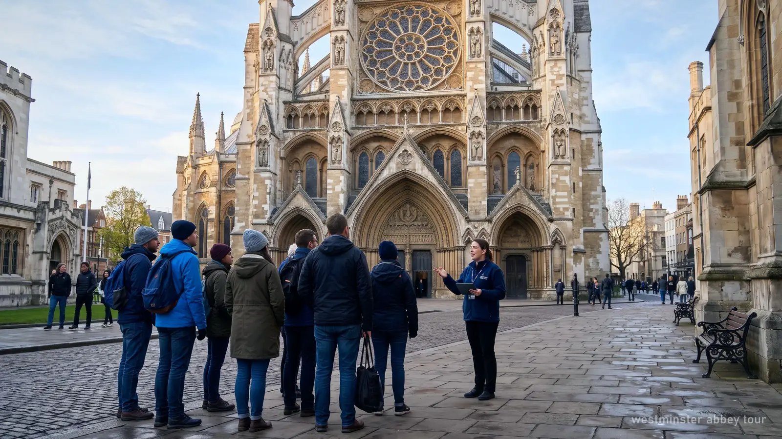 Illustration of a small tour group listening to a guide outside Westminster Abbey's north front