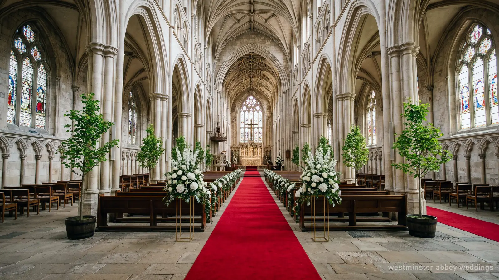 Illustration of a Gothic nave dressed with a red carpet and white flowers for a wedding