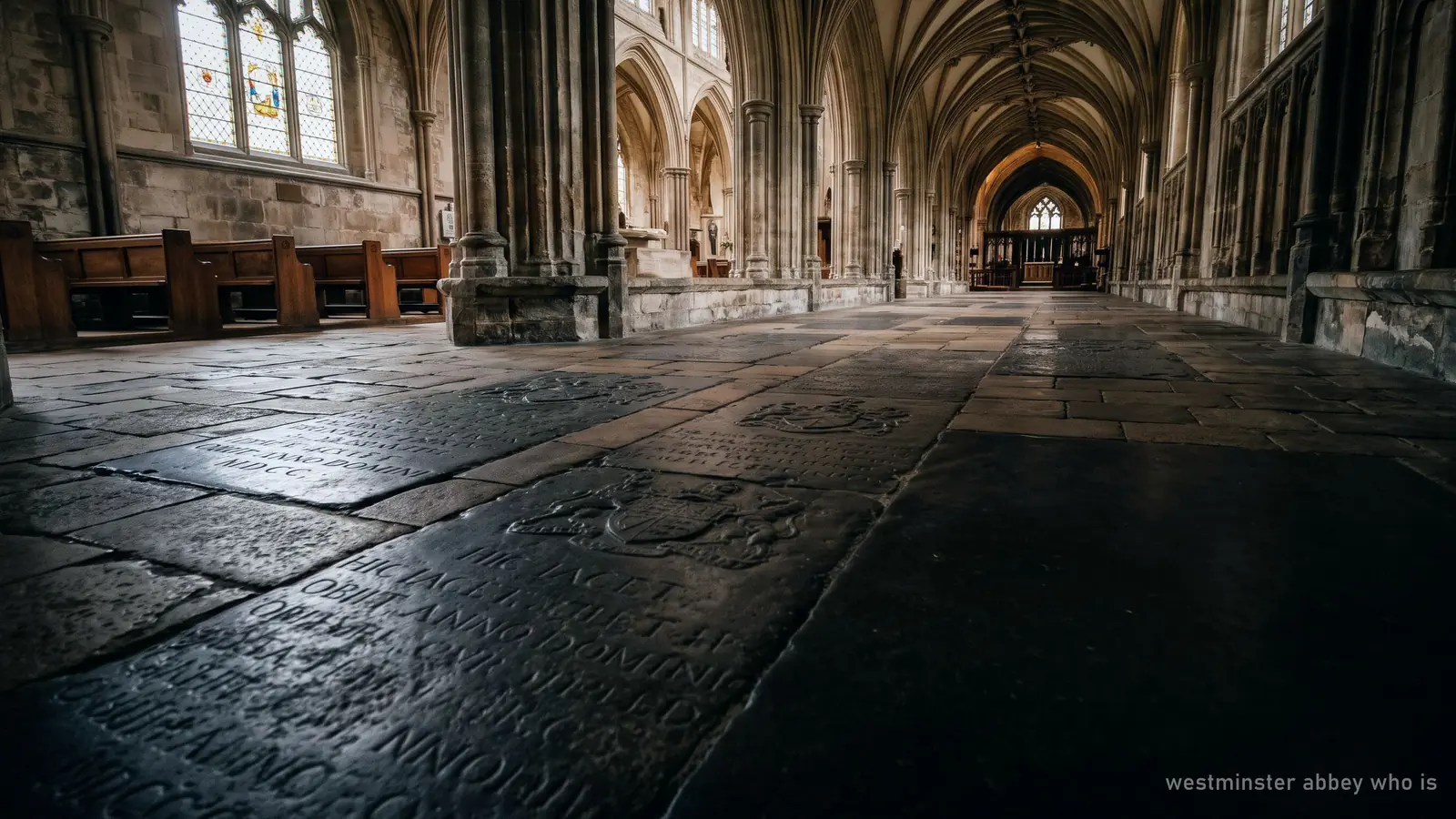 Illustration of worn engraved memorial stones in a Gothic church floor