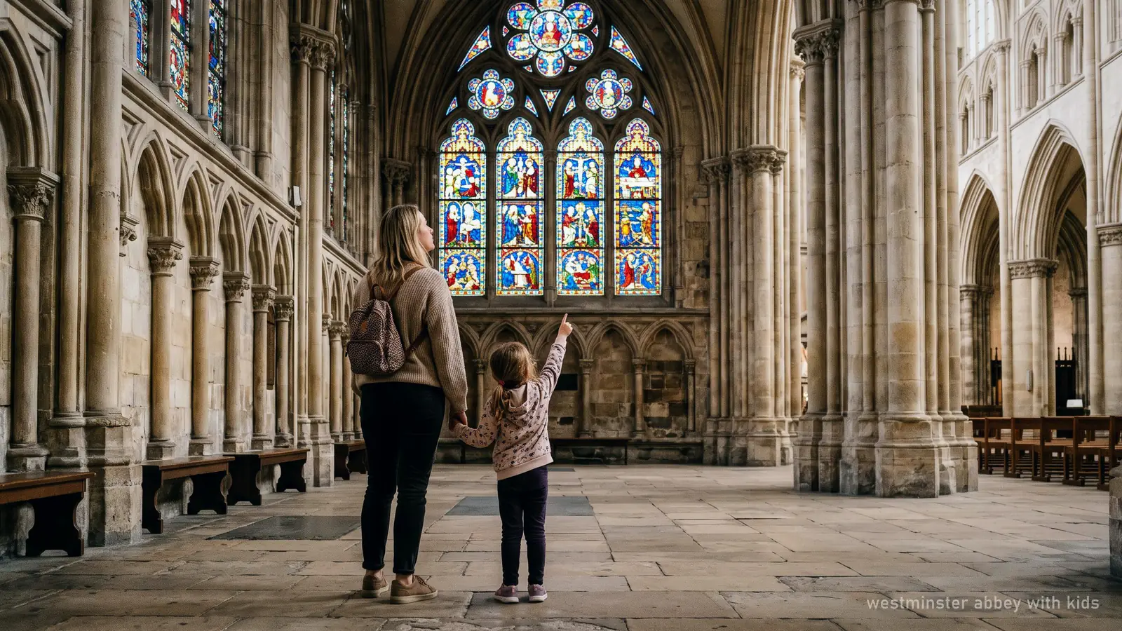 Illustration of a parent and child pointing at stained glass in a Gothic church