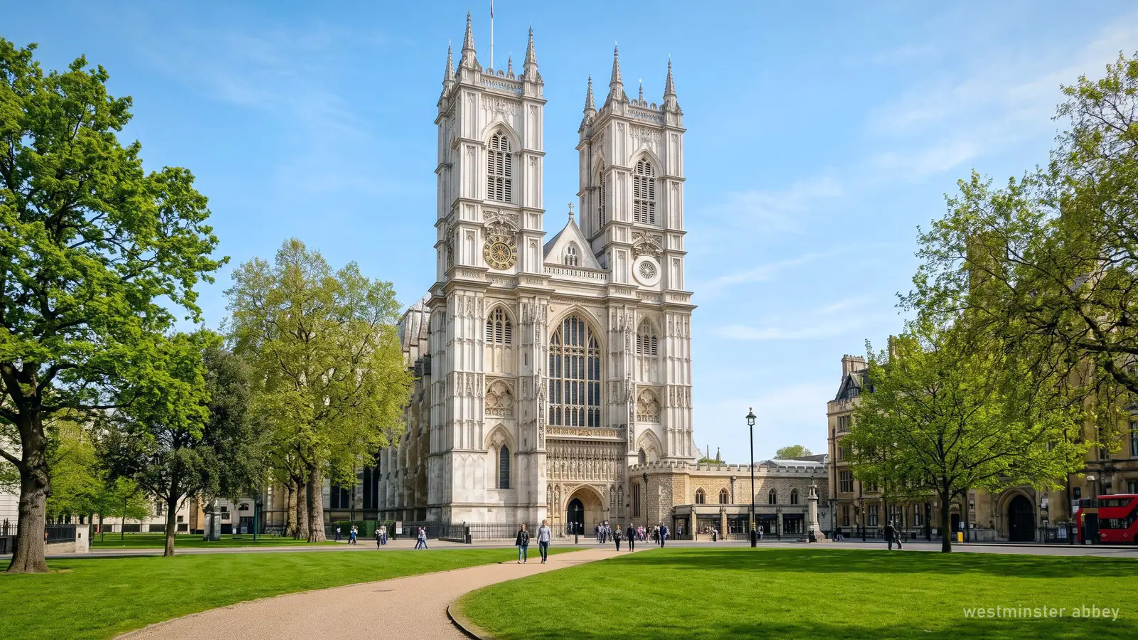 Illustration of Westminster Abbey's twin-towered west front on a spring morning