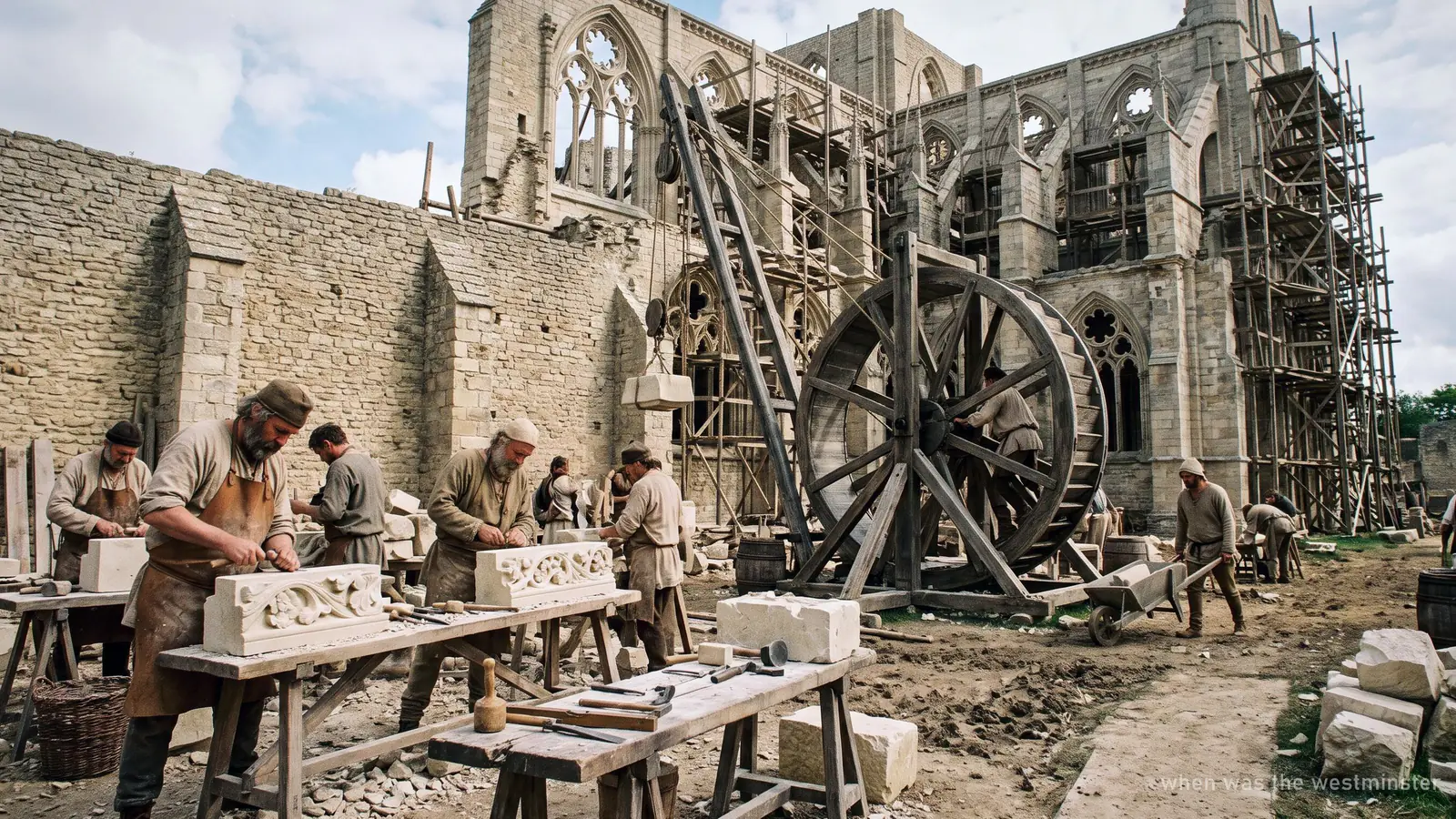 Illustration of medieval masons building a Gothic abbey church